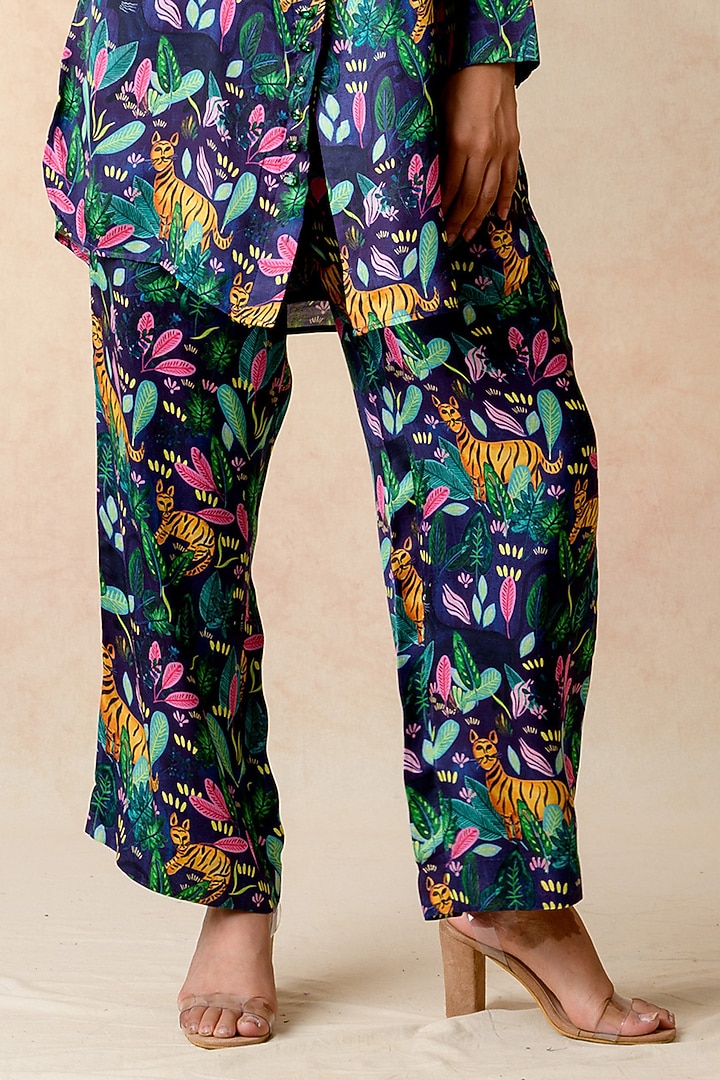 Navy Blue Cupro Silk & Shantoon Printed Co-Ord Set by Momkidsfashion at Pernia's Pop Up Shop