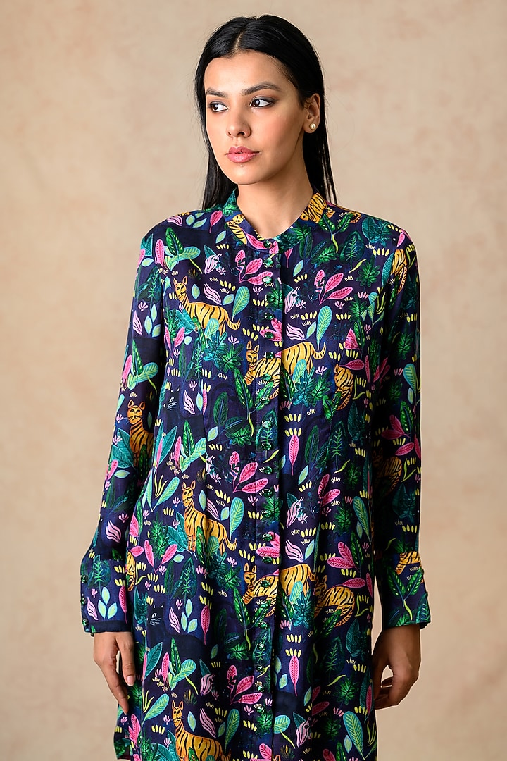 Navy Blue Cupro Silk & Shantoon Printed Co-Ord Set by Momkidsfashion at Pernia's Pop Up Shop