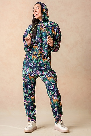 Navy Blue Cupro Satin & Scuba Printed Co-Ord Set by Momkidsfashion