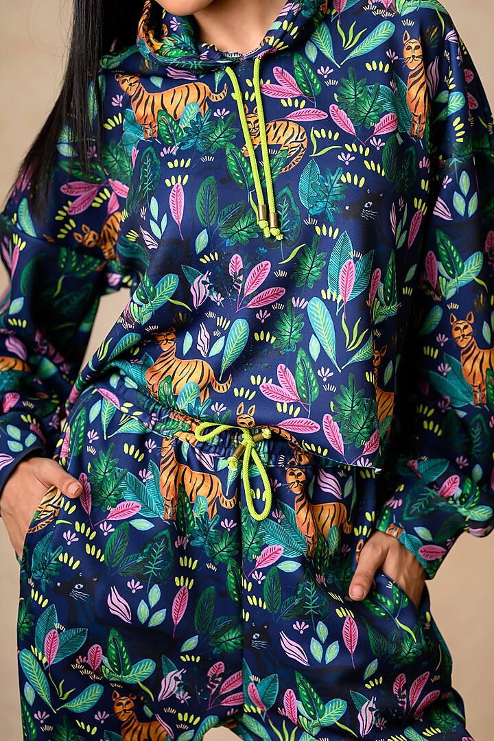 Navy Blue Cupro Satin & Scuba Printed Co-Ord Set by Momkidsfashion at Pernia's Pop Up Shop