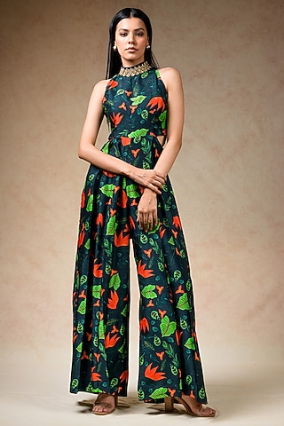 Emerald Green Cupro Silk Printed & Embroidered Flared Jumpsuit by Momkidsfashion