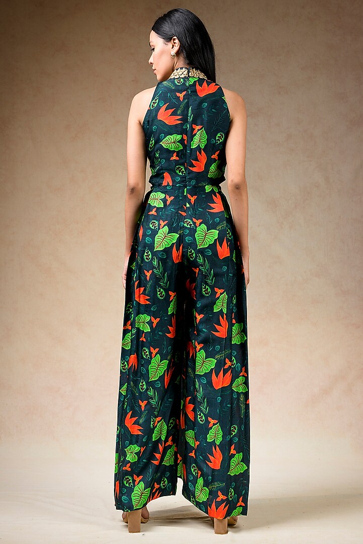 Emerald Green Cupro Silk Printed & Embroidered Flared Jumpsuit by Momkidsfashion at Pernia's Pop Up Shop