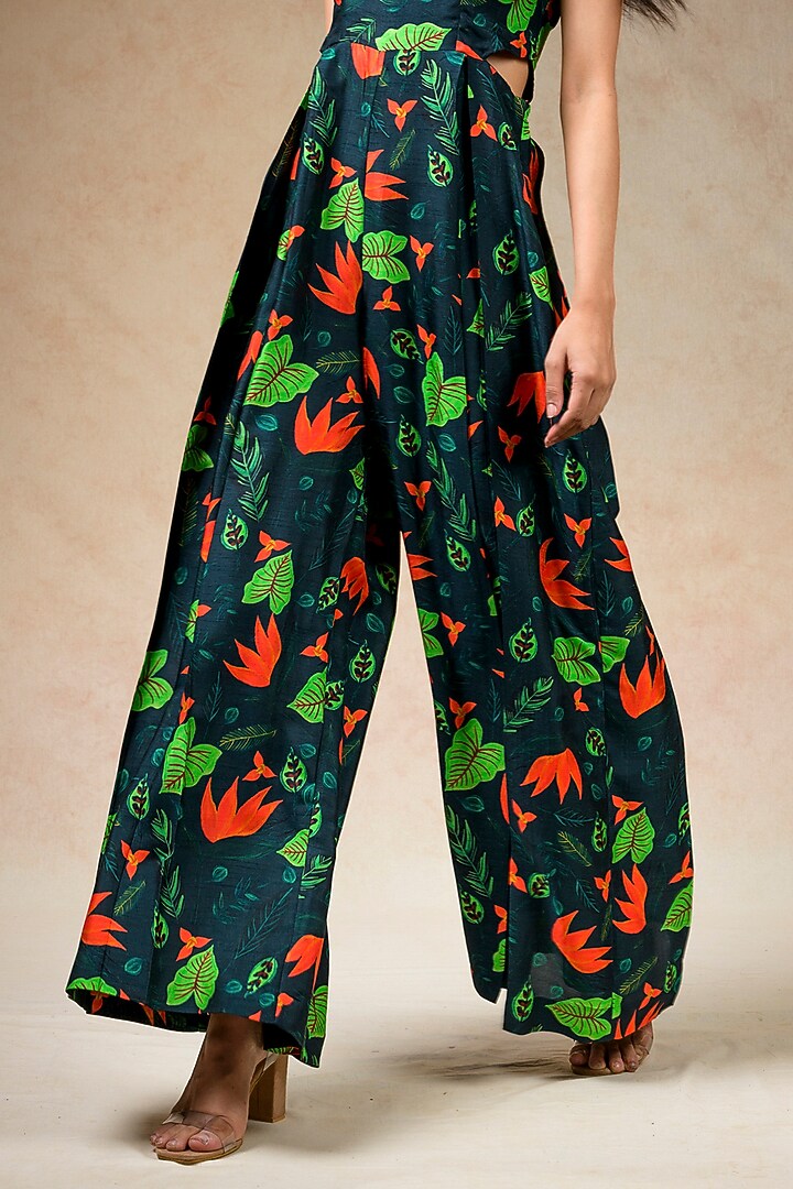 Emerald Green Cupro Silk Printed & Embroidered Flared Jumpsuit by Momkidsfashion at Pernia's Pop Up Shop