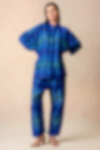 Cobalt Blue Cupro Silk Striped Printed Co-Ord Set by Momkidsfashion