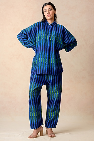 Cobalt Blue Cupro Silk Striped Printed Co-Ord Set by Momkidsfashion