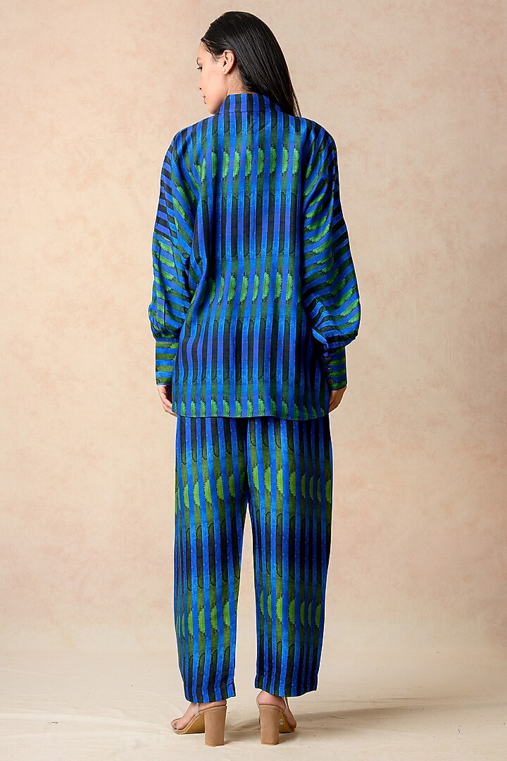 Cobalt Blue Cupro Silk Striped Printed Co-Ord Set by Momkidsfashion at Pernia's Pop Up Shop