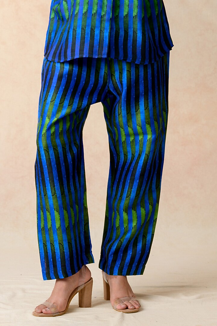 Cobalt Blue Cupro Silk Striped Printed Co-Ord Set by Momkidsfashion at Pernia's Pop Up Shop