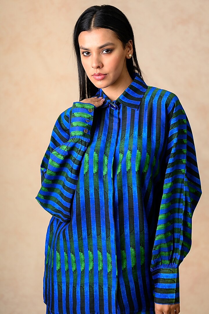 Cobalt Blue Cupro Silk Striped Printed Co-Ord Set by Momkidsfashion at Pernia's Pop Up Shop