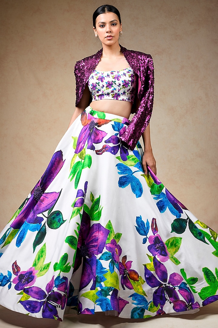 Multi-Colored Pure Silk Floral Printed Lehenga Set by Momkidsfashion