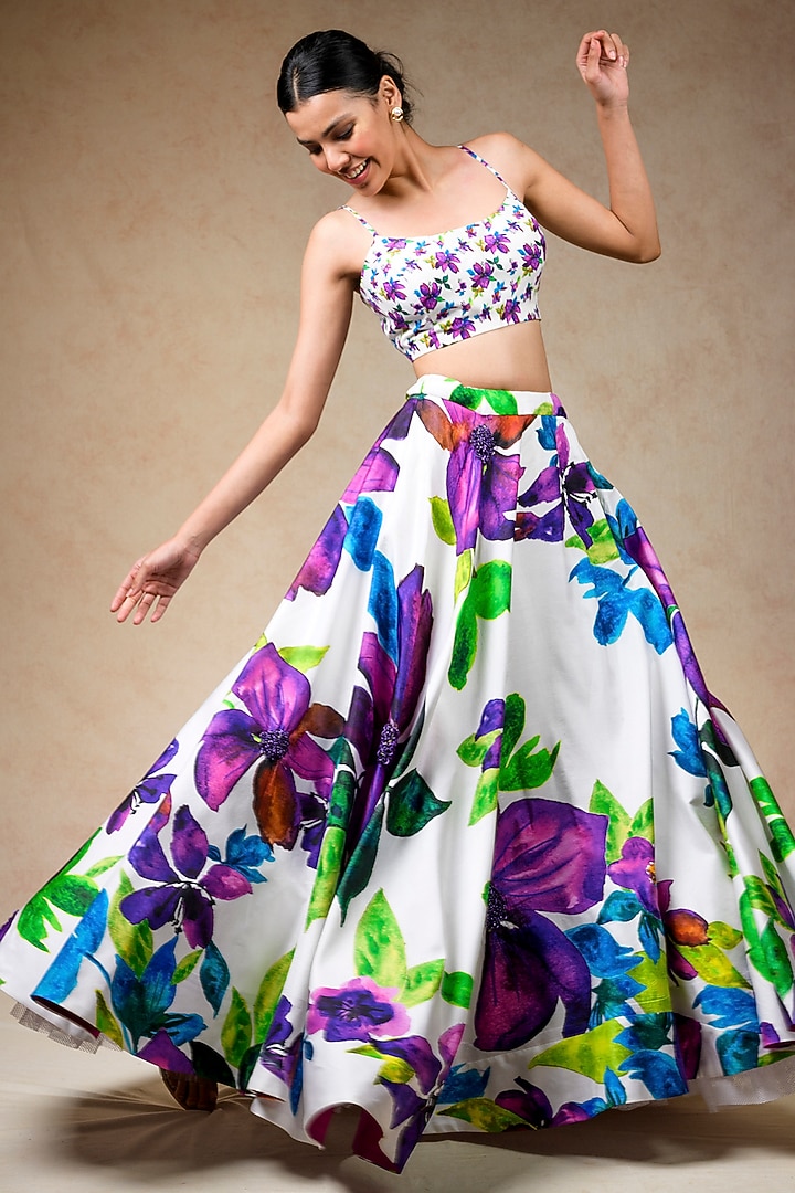 Multi-Colored Pure Silk Floral Printed Wedding Lehenga Set by Momkidsfashion at Pernia's Pop Up Shop