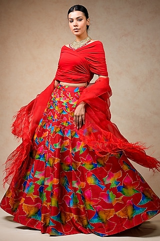 Red Pure Silk & Cupro Silk Printed Kalidar Lehenga Set by Momkidsfashion