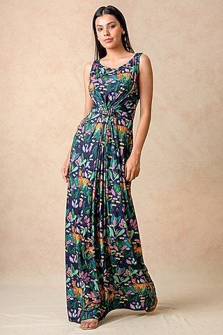Navy Blue Polyester Lycra Printed Gown by Momkidsfashion