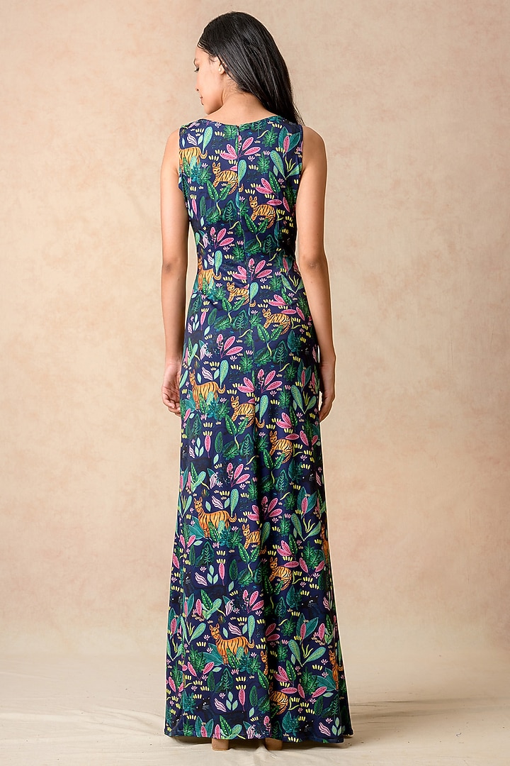 Navy Blue Polyester Lycra Printed Gown by Momkidsfashion at Pernia's Pop Up Shop