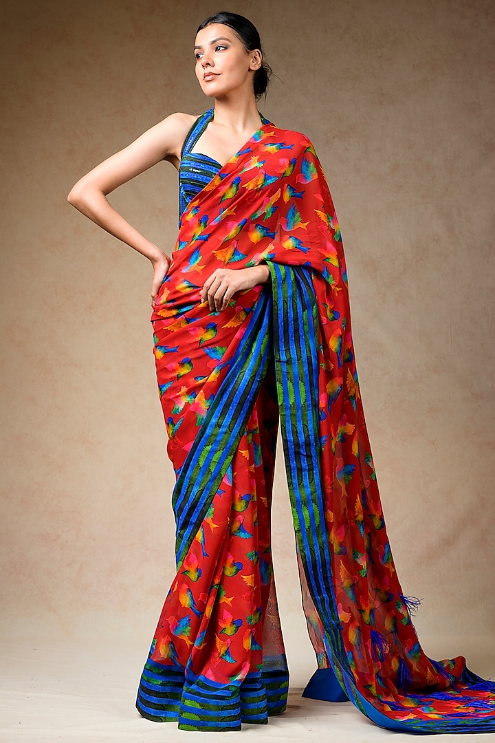Red Cupro Silk & Cupro Georgette Printed Saree Set by Momkidsfashion