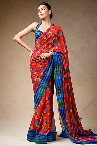 Red Cupro Silk & Cupro Georgette Printed Saree Set by Momkidsfashion