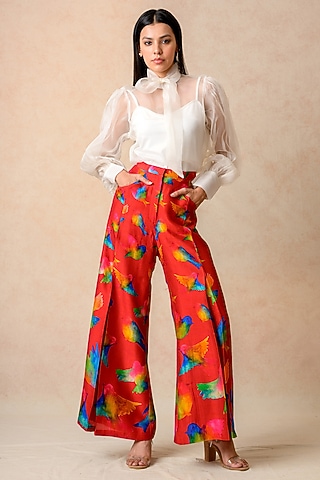 Red Cupro Silk Printed Co-Ord Set by Momkidsfashion