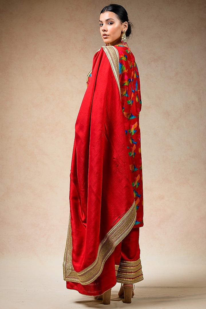 Red Cupro Silk Printed & Embellished Kurta Set by Momkidsfashion at Pernia's Pop Up Shop