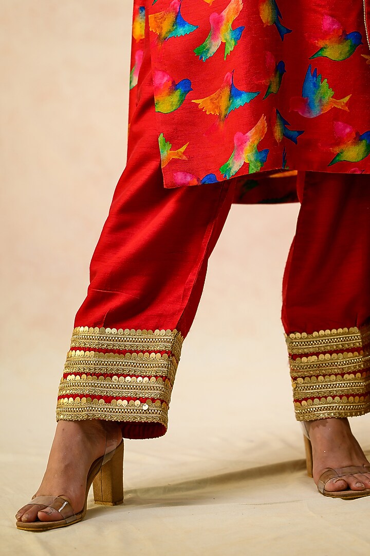 Red Cupro Silk Printed & Embellished Kurta Set by Momkidsfashion at Pernia's Pop Up Shop