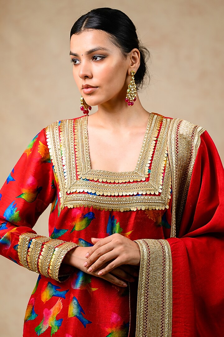 Red Cupro Silk Printed & Embellished Kurta Set by Momkidsfashion at Pernia's Pop Up Shop