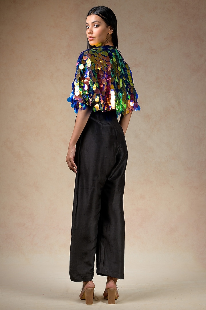 Black Pure Silk & Net Jumpsuit With Hand Embroidered Cape by Momkidsfashion at Pernia's Pop Up Shop
