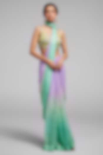 Soft Lilac Shimmer Chiffon Hand Embroidered Wedding Saree Set by Monika Nidhee at Pernia's Pop Up Shop