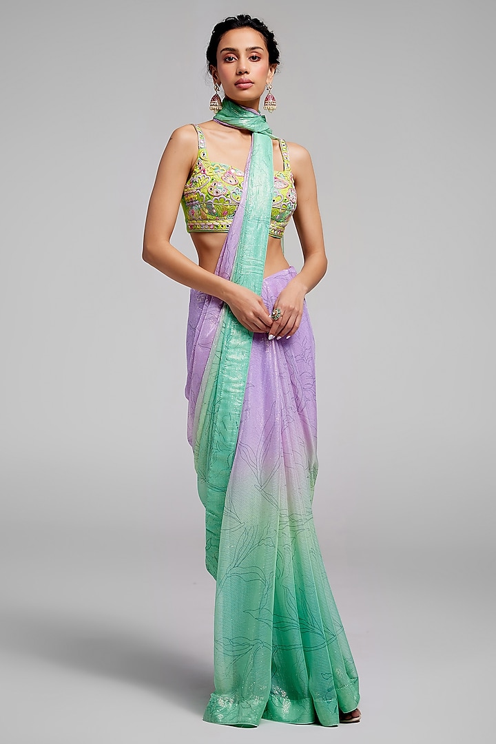 Soft Lilac Shimmer Chiffon Hand Embroidered Wedding Saree Set by Monika Nidhee at Pernia's Pop Up Shop