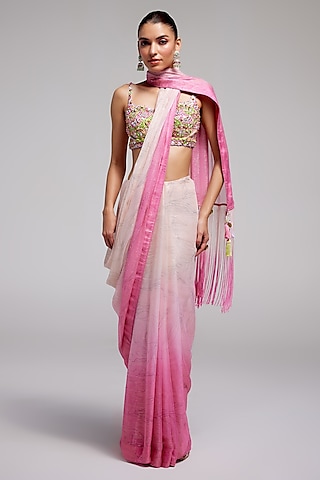Pink Shimmer Chiffon Ombre Saree Set by Monika Nidhee