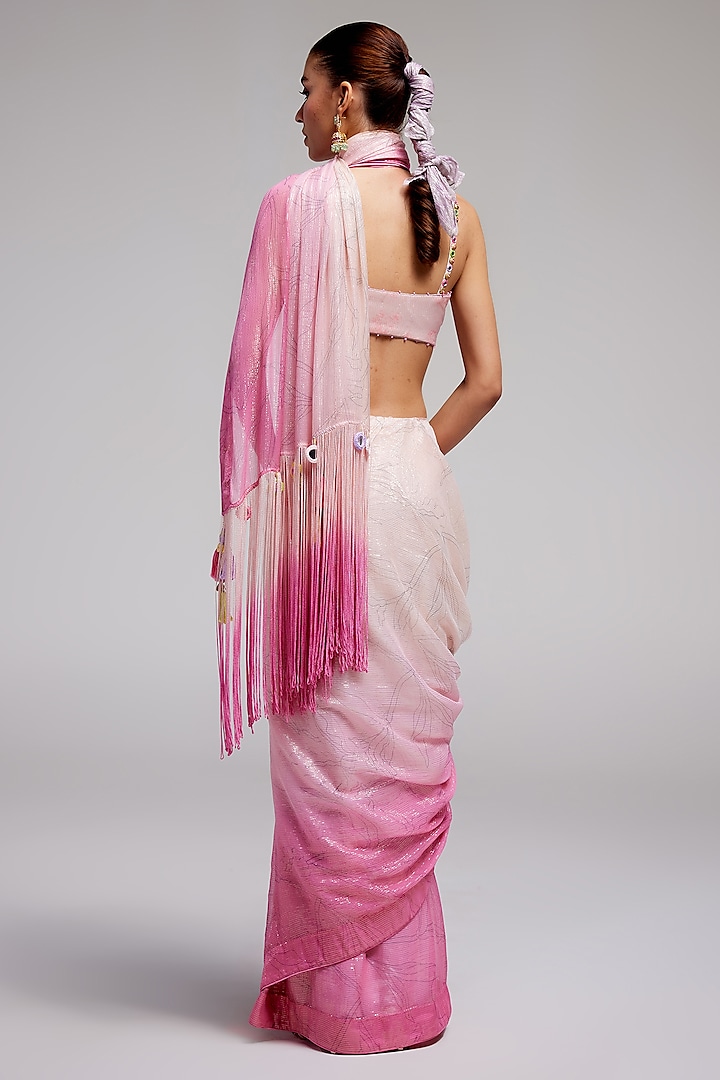 Pink Shimmer Chiffon Ombre Wedding Saree Set by Monika Nidhee at Pernia's Pop Up Shop