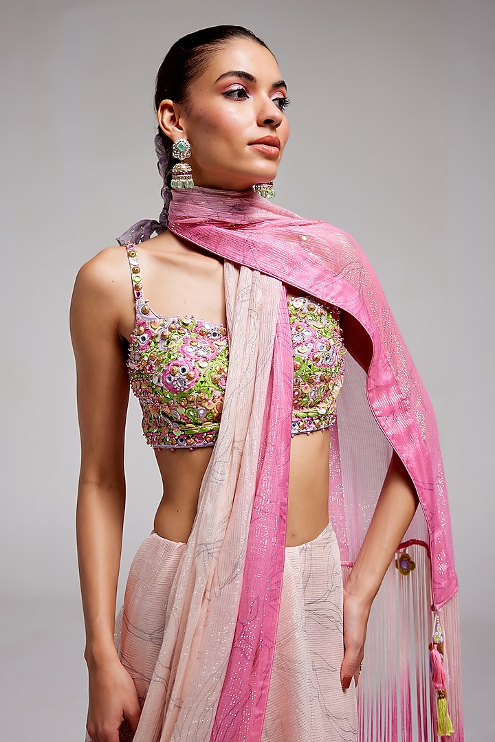 Pink Shimmer Chiffon Ombre Wedding Saree Set by Monika Nidhee at Pernia's Pop Up Shop