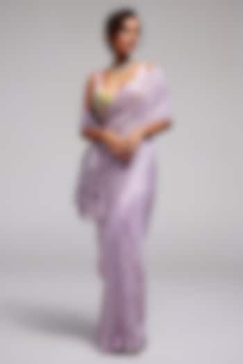 Lilac Shimmer Chiffon Applique Hand Embroidered Wedding Saree Set by Monika Nidhee at Pernia's Pop Up Shop