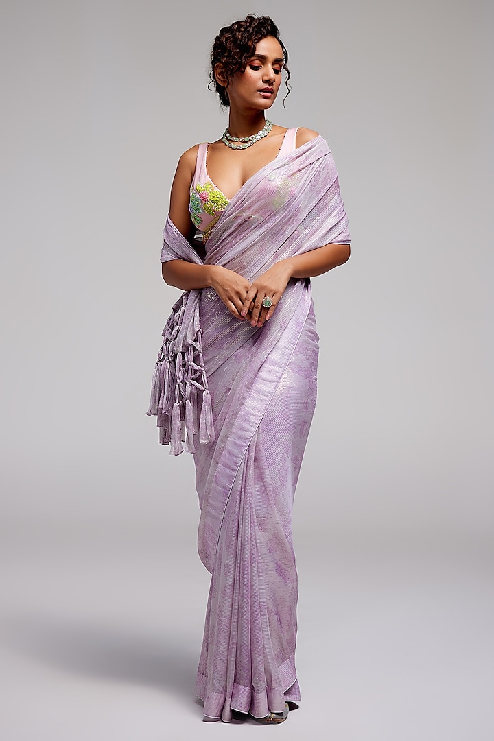 Lilac Shimmer Chiffon Applique Hand Embroidered Wedding Saree Set by Monika Nidhee at Pernia's Pop Up Shop