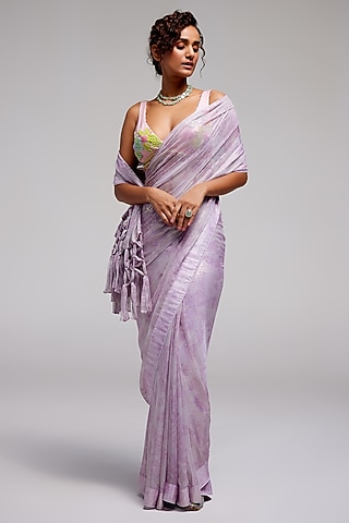 Lilac Shimmer Chiffon Applique Hand Embroidered Saree Set by Monika Nidhee