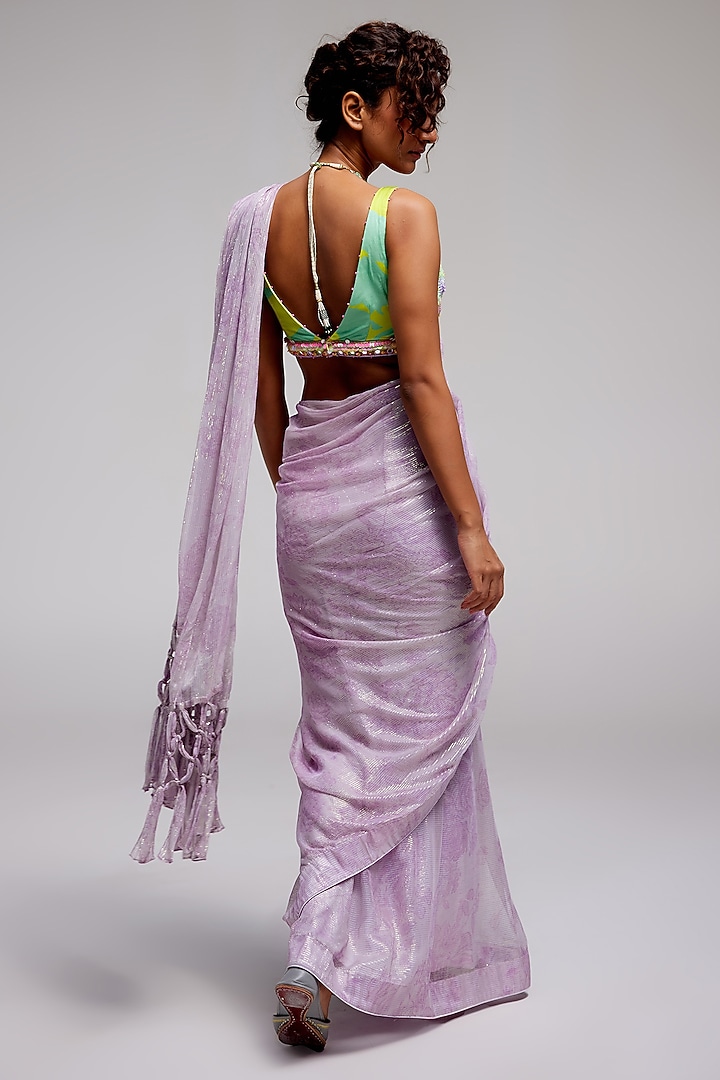 Lilac Shimmer Chiffon Applique Hand Embroidered Wedding Saree Set by Monika Nidhee at Pernia's Pop Up Shop