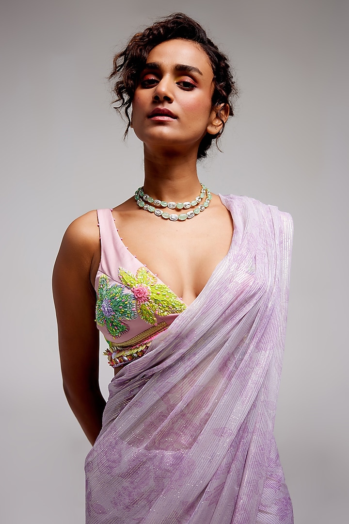 Lilac Shimmer Chiffon Applique Hand Embroidered Wedding Saree Set by Monika Nidhee at Pernia's Pop Up Shop