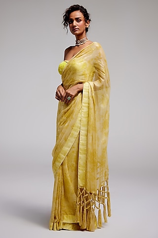 Yellow Shimmer Chiffon Sequins Hand Embroidered Saree Set by Monika Nidhee