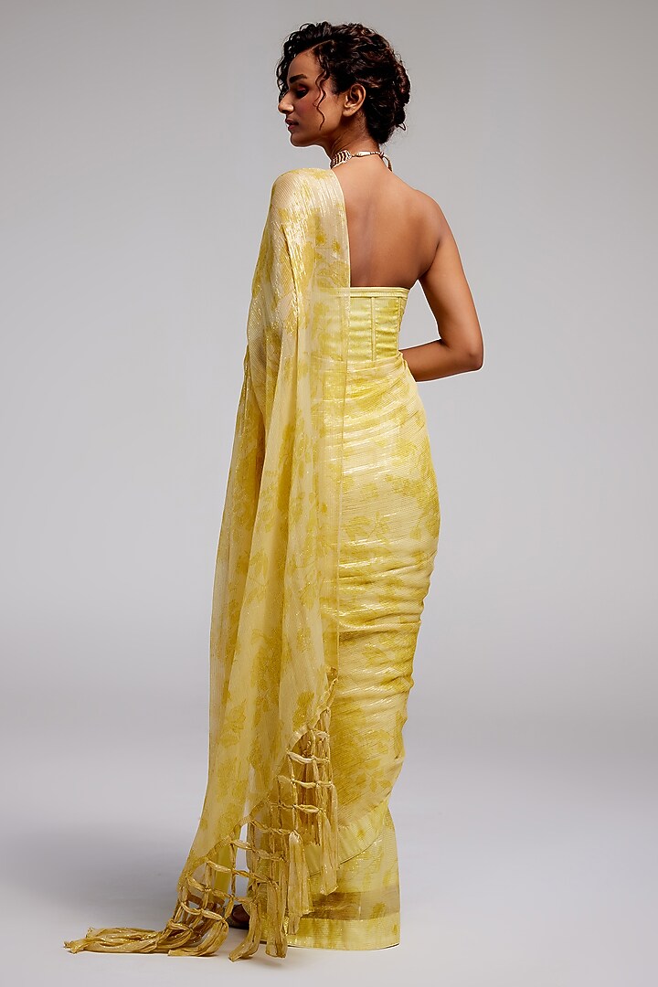 Yellow Shimmer Chiffon Sequins Hand Embroidered Wedding Saree Set by Monika Nidhee at Pernia's Pop Up Shop