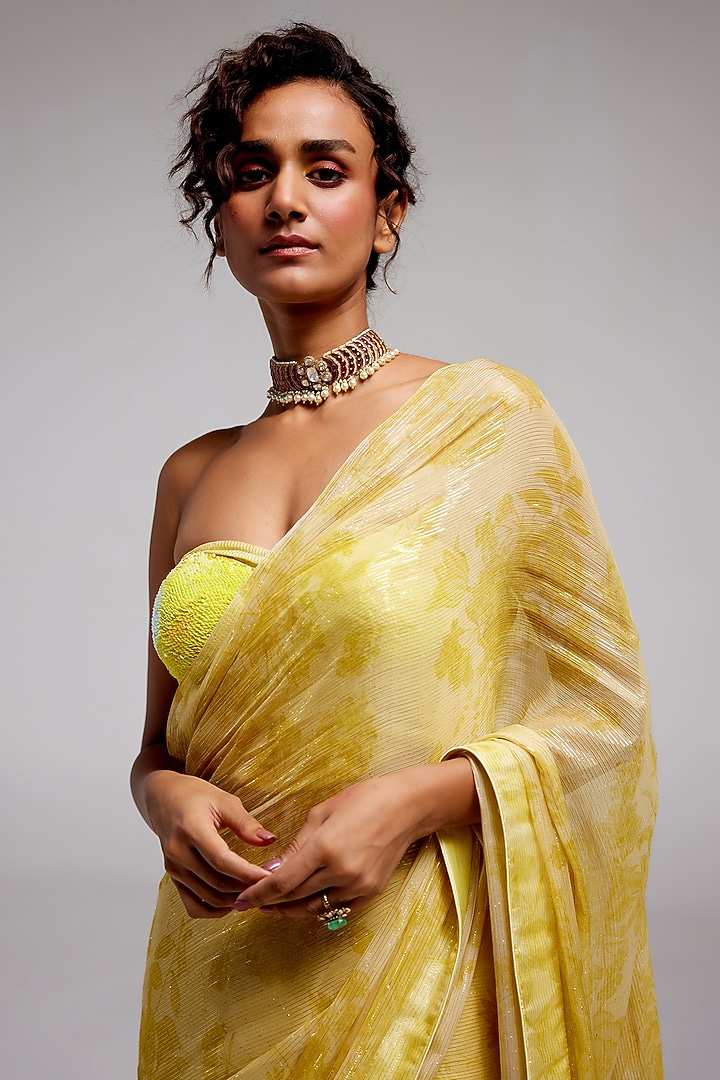 Yellow Shimmer Chiffon Sequins Hand Embroidered Wedding Saree Set by Monika Nidhee at Pernia's Pop Up Shop