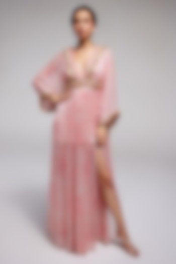 Pink Shimmer Chiffon Hand Embroidered Cocktail Dress by Monika Nidhee at Pernia's Pop Up Shop