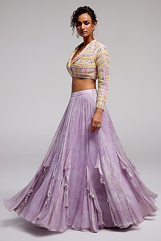 Lilac Shimmer Chiffon Hand Embroidered Jacket Lehenga Set by Monika Nidhee