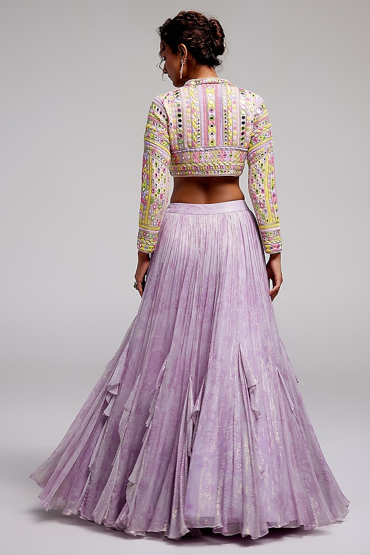 Lilac Shimmer Chiffon Hand Embroidered Jacket Bridal Lehenga Set by Monika Nidhee at Pernia's Pop Up Shop