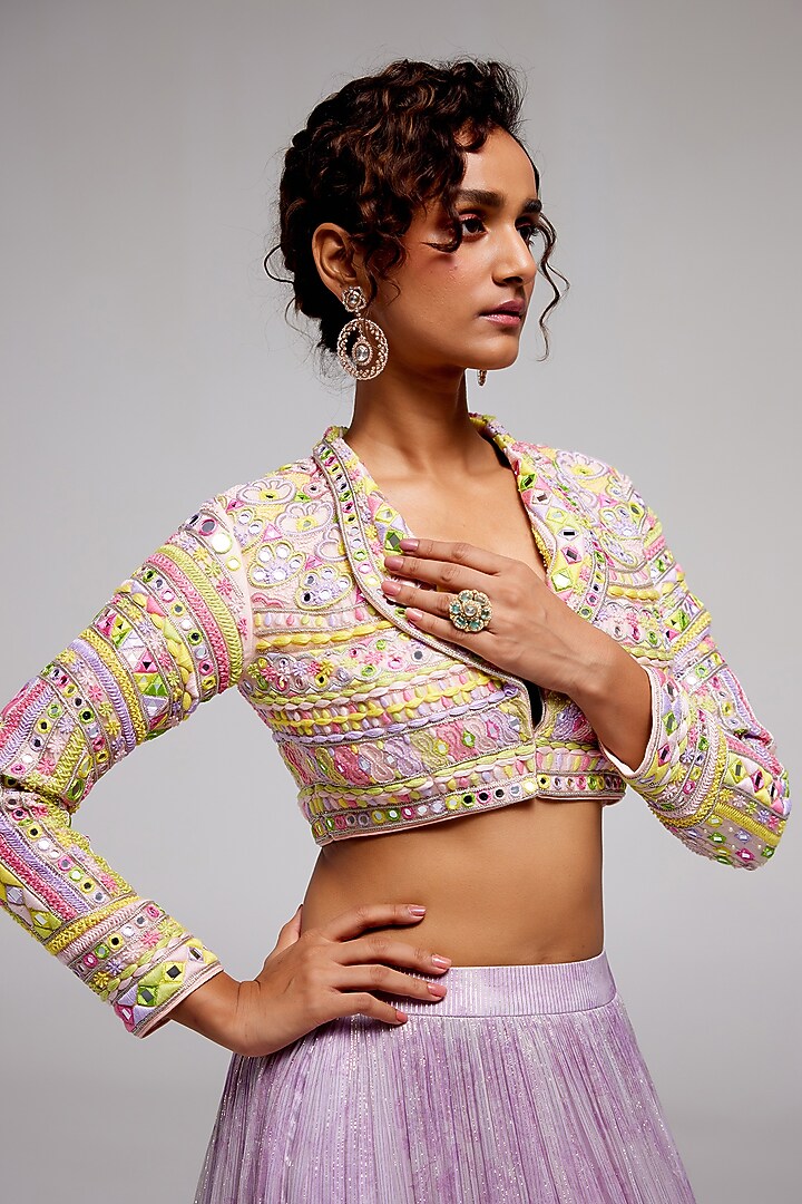 Lilac Shimmer Chiffon Hand Embroidered Jacket Bridal Lehenga Set by Monika Nidhee at Pernia's Pop Up Shop