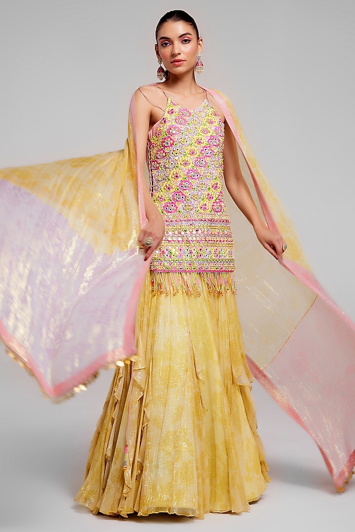 Sunshine Yellow Shimmer Chiffon Hand Embroidered Wedding Lehenga Set by Monika Nidhee at Pernia's Pop Up Shop