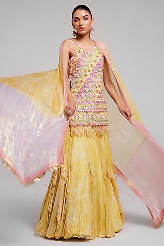 Sunshine Yellow Shimmer Chiffon Hand Embroidered Lehenga Set by Monika Nidhee