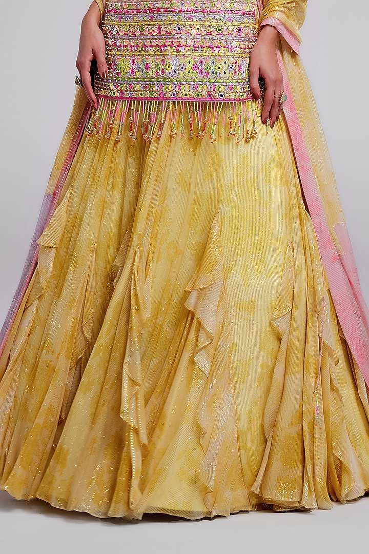 Sunshine Yellow Shimmer Chiffon Hand Embroidered Bridal Lehenga Set by Monika Nidhee at Pernia's Pop Up Shop