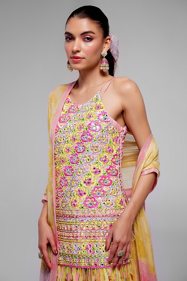 Sunshine Yellow Shimmer Chiffon Hand Embroidered Bridal Lehenga Set by Monika Nidhee at Pernia's Pop Up Shop
