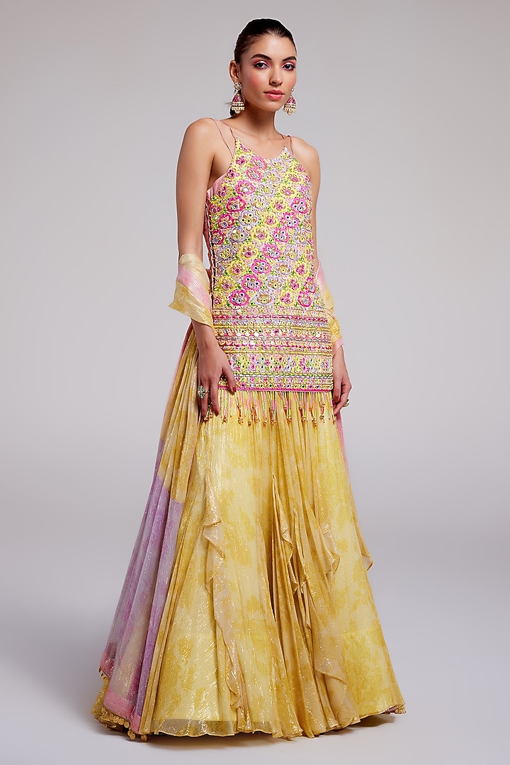 Sunshine Yellow Shimmer Chiffon Hand Embroidered Bridal Lehenga Set by Monika Nidhee at Pernia's Pop Up Shop