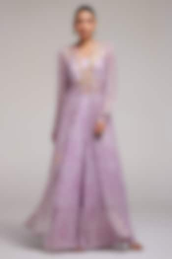 Lilac Shimmer Chiffon Hand Embroidered Cape Set by Monika Nidhee at Pernia's Pop Up Shop