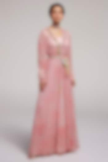 Pink Shimmer Chiffon Hand Embroidered Cape Set by Monika Nidhee at Pernia's Pop Up Shop