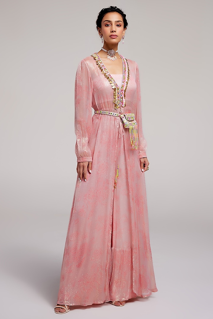 Pink Shimmer Chiffon Hand Embroidered Cape Set by Monika Nidhee at Pernia's Pop Up Shop