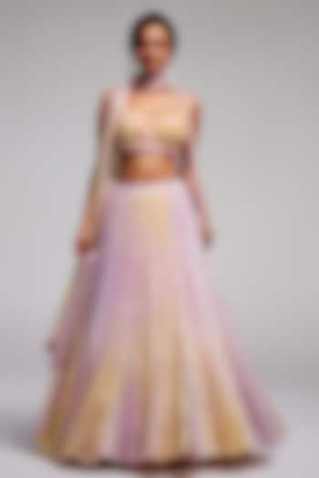 Lilac & Yellow Shimmer Chiffon Hand Embroidered Ombre Wedding Lehenga Set by Monika Nidhee at Pernia's Pop Up Shop